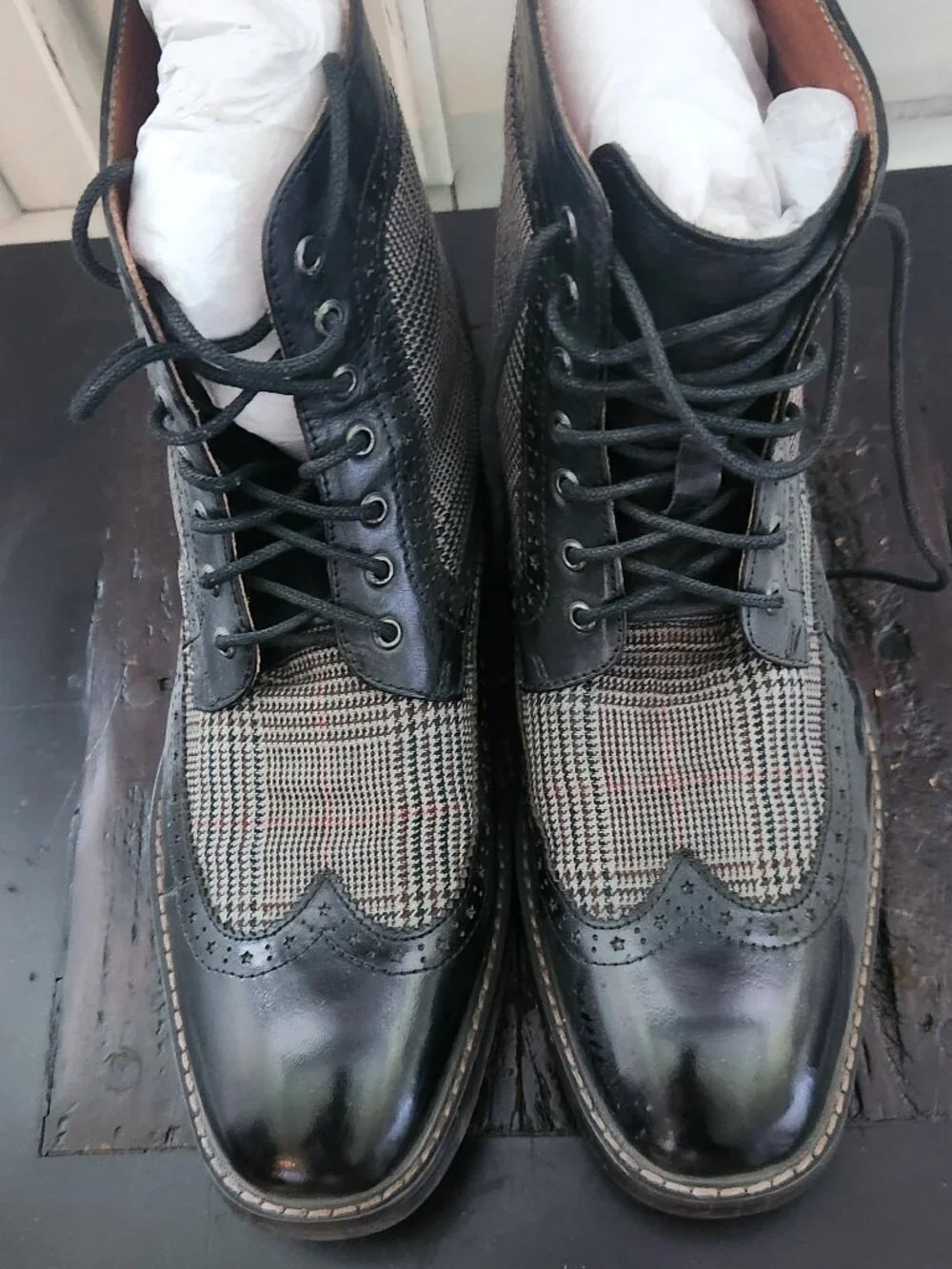NWOT Vintage Foundry Co Men's Dress Ankle Boots Black Leather Plaid Fabric 7.5M